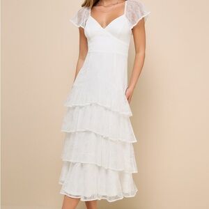 Lulu's Graceful Darling Flutter Sleeve White Lace Midi Fairy Dress